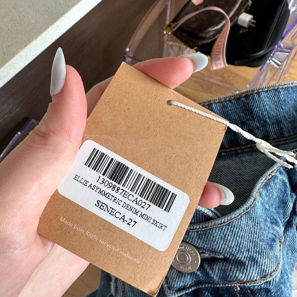 Reformation Jeans Ellie Asymmetric Denim Mini Skirt Raw Hem Size 27 - Picture 4 of 10